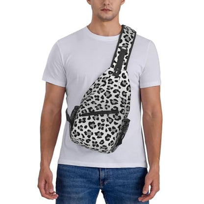 Leopard Print Crossbody Sling Bags for Women Men Abstract Snow Leopard Spots Pattern Travel Sling Backpack Casual Chest Shoulder Bag Cute Wild Animal Skin Texture Gym Sports Hiking Daypack - color: Black Grey