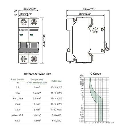 AC Miniature Circuit Breaker, 32 Amp 120V/240V 2 Pole DIN Rail Mount Circuit Breaker, Thermal Magnetic Trip, Solar AC Disconnect Switch MCB C32 - style: 32 Amp