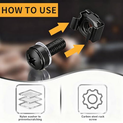 110 Pcs/55 Set Rack Mount Screws and Cage Nuts for Rack Mount Server Cabinet, Black Carbon Steel Rack Screws and Cage Nuts with Washers, M6 x 20 mm for Server Racks, Shelves, Cabinets - color: black
