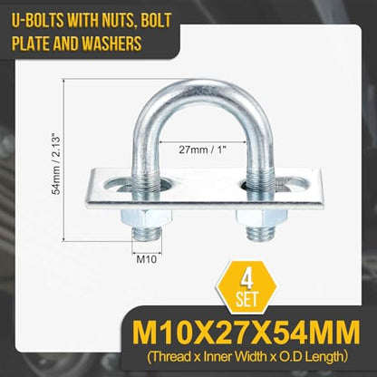 DTGN M10x27x54mm U Bolts Round Kit - 4Set - Carbon Steel U-Bolt Kit with Nuts, Washers, Frame Plate - Good for Pipe, Trailer, Automotive, Leaf Spring Fastener - size: M10x27x54mm