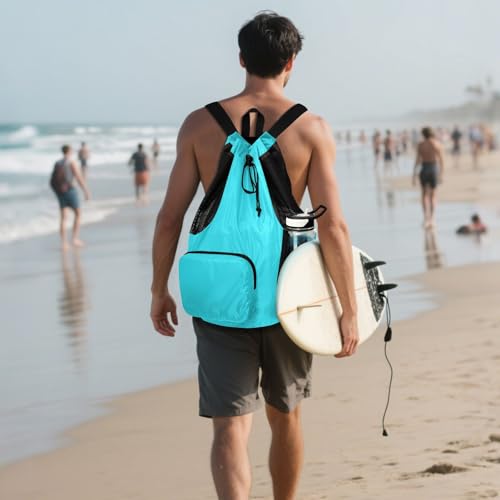 Yuiboo Cyan Solid Color Drawstring Bags Climbing Gym Bag with Water Bottle Holder Pull String Back Pack Wet and Dry Separation