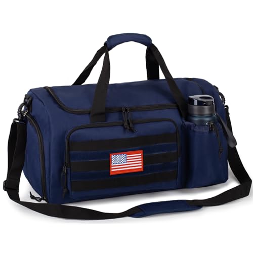 Tactical Gym Bag for Men, 60L Duffle Bag with Shoes Compartment for Travel | Water-Resistant Sports Weekender Bag with Adjustable Shoulder Strap Wet Pocket for Gym,Travel,Hiking,Camping Overnight Trips - color: Blue, size: Large