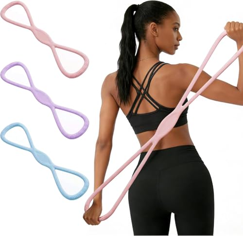 3 Pcs Figure 8 Resistance Bands for Women Men, 8 Shaped Resistance Rubber Band for Arms, Back, Shoulder Stretch with Handles, Not Break, Portable, Pink&Purple&Blue,25LB