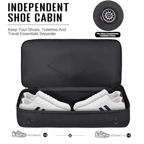 MOZETO Black Duffle Bag for Men, 45L Carry On 22x14x9 Travel Duffle with Shoe Compartment Tactical Inspired Heavy Duty GYM Overnight Bag Wet-Dry Separated Compartment