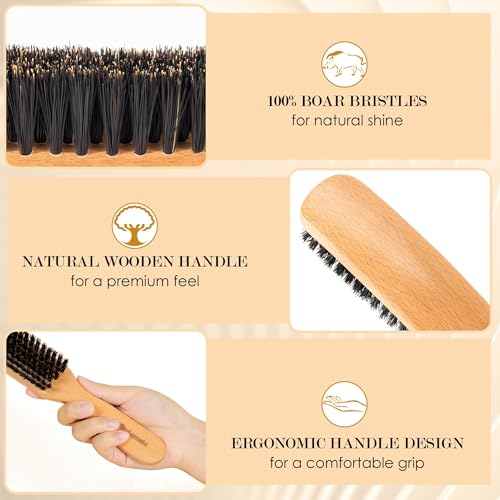 4PCS Boar Bristle Hair Brush Comb Set for Women Men Kid, Soft Natural Slick Back Hair Brush for Thin & Fine Hair, Travel Bag & Spa Headband Included - size: 1 Count (Pack of 4)