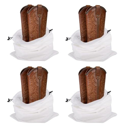 Klmnop 4 Pcs Cowboy Boot Bags for Travel and Storage, Washable Breathable Flannel Cotton Drawstring Pouches, Shoe Storage Bag for Cowboy Boot Protection, 12.6x21 Inch(White)
