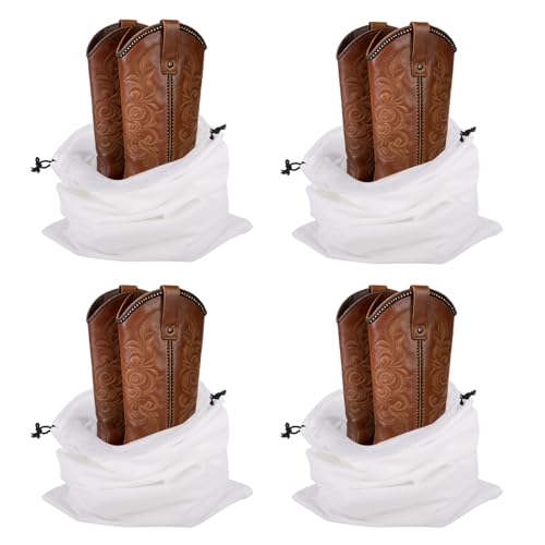 Klmnop 4 Pcs Cowboy Boot Bags for Travel and Storage, Washable Breathable Flannel Cotton Drawstring Pouches, Shoe Storage Bag for Cowboy Boot Protection, 12.6x21 Inch(White)