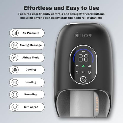 Hand Massager with Heat and Compression for Arthritis and Carpal Tunnel Relief, Finger Wrist Massager with 9 Modes & Hot Cold Therapy, Gifts for Women Men, Black - color: Black