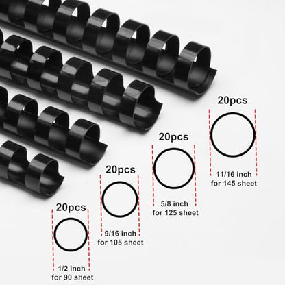 Rayson CR12141618BK Plastic Binding Combs 1/2in. 9/16in, 5/8in, 11/16in, 19-Ring Letter Size, Black Comb Binding Spines, Multi-Size Pack of 80 - color: Black, size: Letter size - 1/2in, 9/16in, 5/8in, 11/16in,