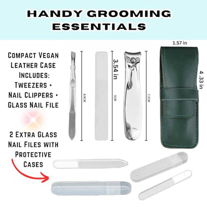 All-in-One Glass Nail File Kit with Case – Compact Vegan Leather Manicure Set with Tweezers, Clippers, Buffer & Cuticle Pusher + 2 Bonus Glass Nail Files in Cases – Travel Gift for Women & Men