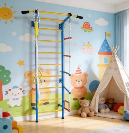 5in1 Climbing Toy Set, Steel Ladder wall kit (Including Ladder wall, Horizontal Bars, Ropes, Gymnastic Rings, and a Sturdy wall), a Set of Climbing ladders for Boys and Girls as Gift.