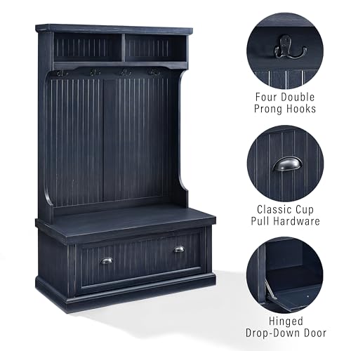 Crosley Furniture Seaside Hall Tree with Shoe Rack Bench and Coat Hooks for Hanging Storage, Distressed Navy - color: Distressed Navy, style: Hall Tree