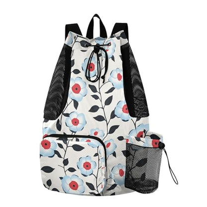 Drawstring Gym Bags For Men Women Climbing Gym Bag With Inside Pockets Cinch Back Sack Waterproof Light Blue Flora Pattern Minimalist Style Gray