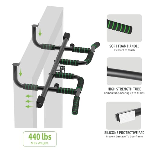New Upgrade Pull Up Bar for Doorway with Ergonomic Grip - Upto 440 Lbs Capacity, No Screwing or Slipping - USA Original Patent, Designed, Shipped, Warranty
