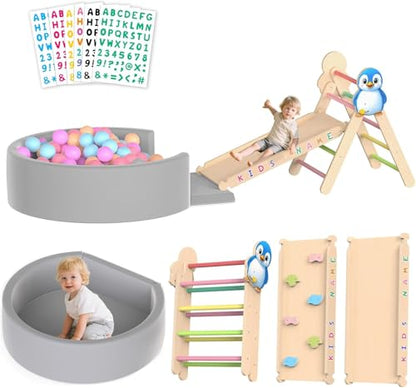 Acenova Pikler Triangle Climbing Set with Cushion and DIY Name Stickers, Montessori Wooden Climbing Gym for Toddlers, Indoor Jungle Gym, Dinosaur Pikler Triangle Arch Ramp Climber Toy