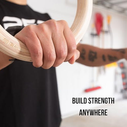 REP Fitness Wood Gymnastic Rings with Numbered Heavy Duty Adjustable Straps - Perfect for Cross-Training Workouts, Gymnastics and Conditioning - size: 1.25", style: 14' Straps