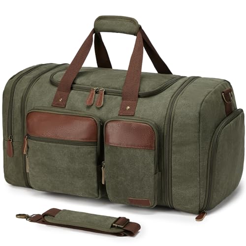 Canvas Duffle Bag for Travel 50L Expandable, Army Green | Travel Duffel Bags for Men Women, Overnight Weekend Gym Bag with Shoes Compartment - color: Army Green, size: Large 50 L