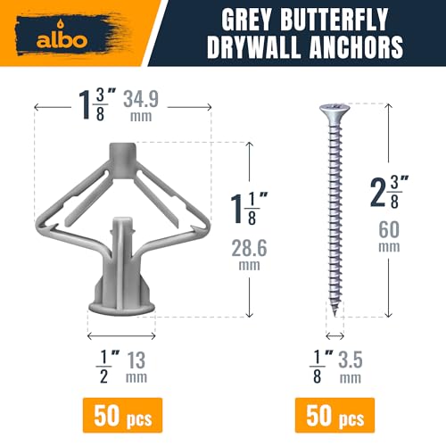 ALBO Drywall Anchor Kit Hollow Wall with Screws 100 pcs. (Grey Anchor 50pcs + Screws 50pcs) Plastic Hollow Wall Drilling Anchors - color: Grey 50pcs