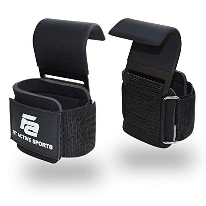 Fit Active Sports Heavy Duty Steel Weight Lifting Hooks with Wrist Straps - for Gym Barbell Deadlift Power Lifting Workouts - Workout Grips with Padded Straps - Great for Men and Women