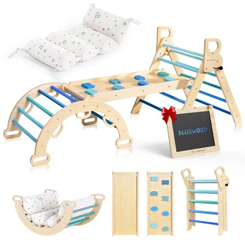 BlueWood Pikler Triangle Set, Foldable Wooden Toddler Climbing Toys Indoor Playground Jungle Gym Montessori Philosophy Climber for 2-6 Years Old, Baby, Kids (Sky Blue, with Cushion) - color: Sky Blue