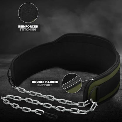 RDX Dip Belt for Weight Lifting, Heavy Duty 36 Inch Adjustable Steel Chain, Dipping Belt Chin Pull Ups Gym Training Bodybuilding Powerlifting Fitness Workout, 6” Padded Neoprene Back Support Men Women - color: Army Green