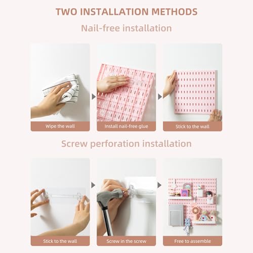 VUSIGN Pegboard Combination Wall Organizer Kit 22" x 22", Pink | 4 Pieces Pegboards and 17 Accessories, Wall Mount Display Peg board Panel Kits for Bedroom, Home, Office, Bathroom - color: Pink2 - 4 Pieces