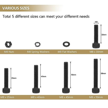 72 Pieces Black M8 x 30/35 /40/45 /50 mm Hex Socket Head Cap Screws Nuts Washers Assortment Kit, 12.9 Grade Alloy Steel - size: M8 x 30/35/40/45/50mm, style: Socket Head