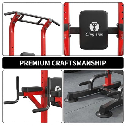 Power Tower Pull Up Bar Dip Station, Free Standing Pull Up Rack Dip Station for Home Gym, 10-Level Adjustable Height Pull Up Bar Stand Dip Bar Strength Training Workout Equipment - color: Red