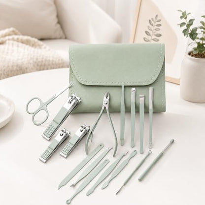 16 Piece Stainless Steel Manicure & Pedicure Set, Professional Nail Clippers Kit with Ear Spoon, Cuticle Tools, Scissors, Files, Folding Bag - Complete Home Nail Care Grooming Kit