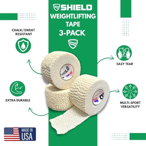 SHIELD | Weightlifting Tape - Made in USA, Hook Grip, Cross-Training, WOD Grip Tape 3-Pack– Durable, Non-Slip, Comfortable Stretchy Athletic Tape – Thumb, Wrist, Finger Protection (White) - color: White