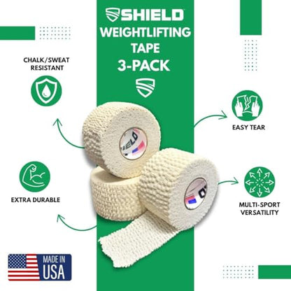 SHIELD | Weightlifting Tape - Made in USA, Hook Grip, Cross-Training, WOD Grip Tape 3-Pack– Durable, Non-Slip, Comfortable Stretchy Athletic Tape – Thumb, Wrist, Finger Protection (White) - color: White