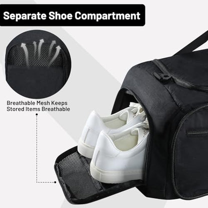 MIER Packable Travel Duffle Bag with Shoe Compartment, 50L, Black | Foldable Weekender Duffel; Multi-Pockets; Adjustable Shoulder Strap; Luggage Sleeve; Travel, Sports, Camping, Gym - color: Black, size: 50L