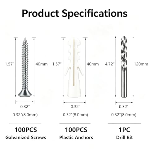 200Pcs Drywall Anchors and Screws Kit, 100Pcs Ribbed Plastic Wall Anchors with 100Pcs 1-3/5" Screws & Drill Bit, Heavy Duty Anchors for Hanging Pictures, Shelves, Home Mounting - size: 1-3/5 inch