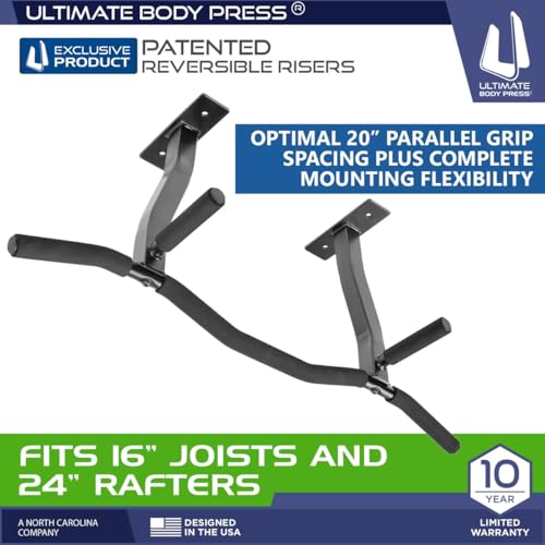 Ceiling Mount Pull Up Bar with Reversible Risers for 16 and 24 Inch Joists with Optimum Grip Spacing by Ultimate Body Press - color: Ceiling Mount Pull Up Bar