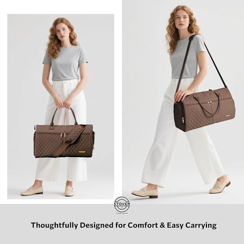 STOVER Women’s Convertible Garment Duffel Bag for Travel – 2-in-1 Carry-On Weekender/Overnight Tote - Wrinkle-Free Dresses, Suits & Clothes + Shoe Compartment & Bonus Toiletry Bag (Mocha Brown) - color: Mocha Brown