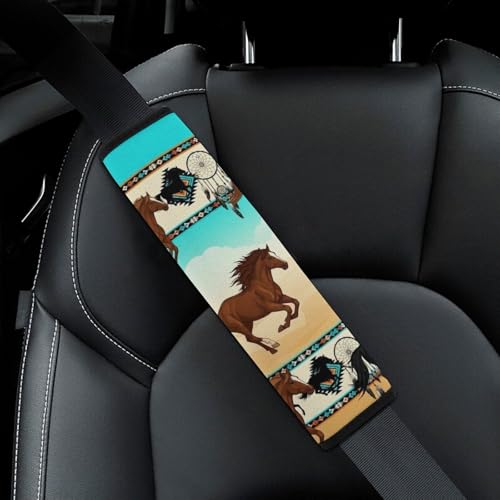2PCS Breathable Seat Belt Cover for Adults and Children, Most Cars, Ethic Tribal Western Horses Aztec Shoulder Harness Cover, Shock Absorption - color: Pattern 160