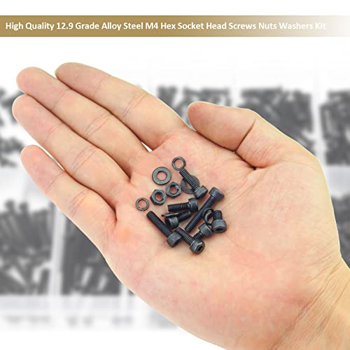 382 Pieces Black M4 x 5/6 /8/10 /12/16 /20mm Hex Socket Head Cap Screws Nuts Washers Assortment Kit, 12.9 Grade Alloy Steel - size: M4, style: Socket Head