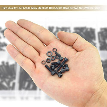 382 Pieces Black M4 x 5/6 /8/10 /12/16 /20mm Hex Socket Head Cap Screws Nuts Washers Assortment Kit, 12.9 Grade Alloy Steel - size: M4, style: Socket Head