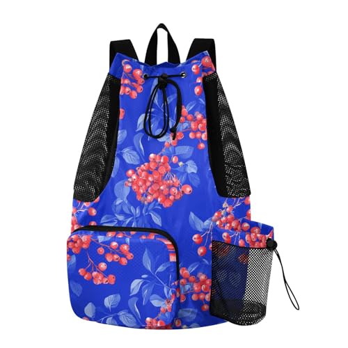 Drawstring Gym Bags For Men Women Climbing Gym Bag With Pockets String Swim Bag Waterproof Red Rowanberry Fruit Royal Blue