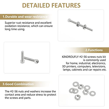 252 Pieces #2-56 x 3/16", 1/4", 5/16", 3/8", 1/2", 5/8", 3/4", 1", Hex Socket Head Cap Screws Nuts Washers Assortment Kit, 304 Stainless Steel, Fully Machine Thread - size: #2-56, style: Socket Head