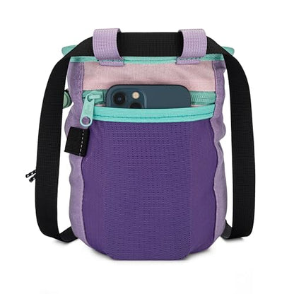 Oso Supply Co - Waxed Canvas Chalk Bag - Zipper Pocket & Mesh Pouch for Bouldering, Rock Climbing, Gym, Weightlifting – Water-Resistant, Adjustable Belt, Wide Opening - color: Lavender / Teal
