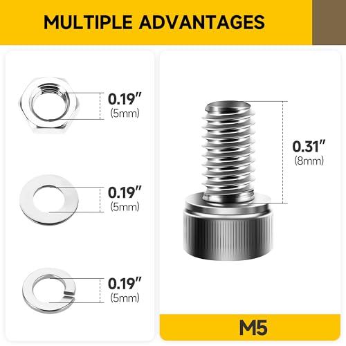 Mywish (50Sets) M5 Screws, M5 x 8mm Socket Head Cap Screws Bolts, 304 Stainless Steel Allen Socket Hex Drive Bolts, Bright Finish Screw Kit with Nuts and Washers & Hex Spanner - size: M5 x 8mm
