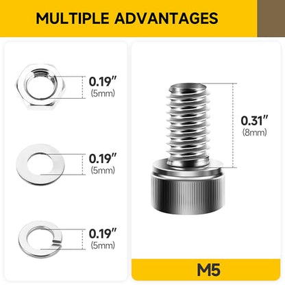 Mywish (50Sets) M5 Screws, M5 x 8mm Socket Head Cap Screws Bolts, 304 Stainless Steel Allen Socket Hex Drive Bolts, Bright Finish Screw Kit with Nuts and Washers & Hex Spanner - size: M5 x 8mm