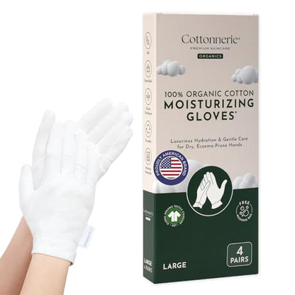 4 Pairs Cottonnerie Organic Cotton Gloves for Dry Hands Sleeping, Moisturizing Gloves Overnight, Hand Moisturizer Gloves, Moisture Gloves for Dry Hands Overnight, Sleeping Gloves, Large - size: Organics Large