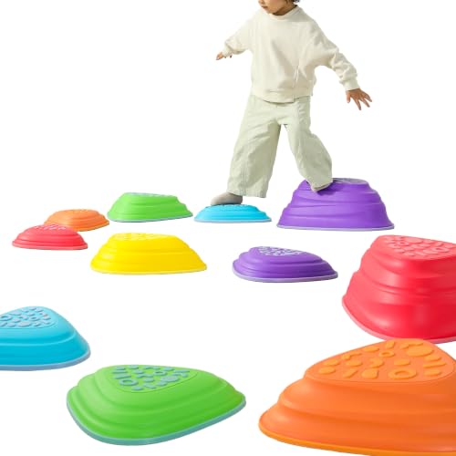 makarci Stepping Stones for Kids 11pcs Obstacle Courses Play Indoor Outdoor, Full Rubber Rim Plastic Hilltop for Kids Balance and Integration Improvement Age 3 4 5 6 7 8 + - color: 11pc/Rainbow