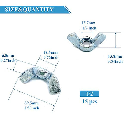 15 PCS 1/2-12 Inch Wingnuts, Quality Carbon Steel Wing Nuts Zinc Plated Fasteners Parts Butterfly Nut, Hand Twist Tighten Hardware Nuts Butterfly Wing-Nut 1/2-12” Assorted Kit - size: 1/2"-12 - Carbon Steel - 15 Pcs