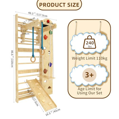 Swedish Ladder 7-in-1, Indoor Wooden Playground, Rock Climbing Wall for Kids and Adults, Kids Indoor Playset, Wooden Jungle Gym, for All Levels and Abilities