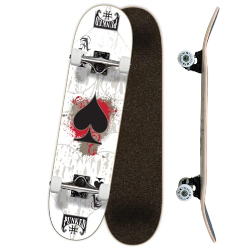 Yocaher Poker Series Pro Complete Skateboard 7.75” x 31” – Double Kick Concave Deck, ABEC-9 Bearings, 54mm Wheels, Aluminum Alloy Trucks, BlackWidow Grip Tape – Trick Skateboard for Beginners & Teens - color: Ace of Spades White