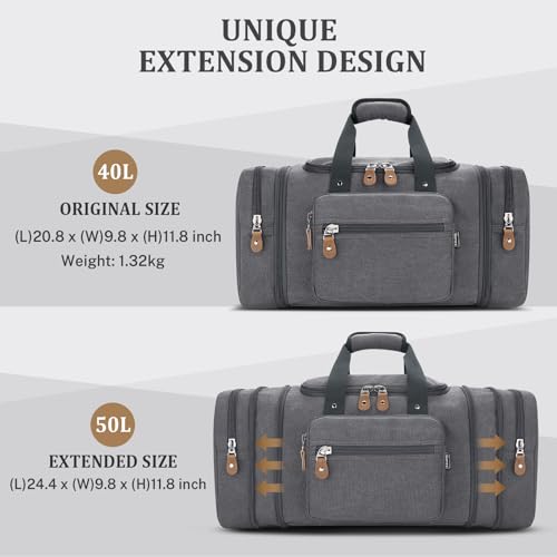Gonex Canvas Duffle Bag for Travel 50L Expandable Duffel Weekend Overnight Bag men (Gray) - color: Grey, size: Large-50L (Without Shoe Compartment)