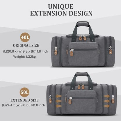 Gonex Canvas Duffle Bag for Travel 50L Expandable Duffel Weekend Overnight Bag men (Gray) - color: Grey, size: Large-50L (Without Shoe Compartment)